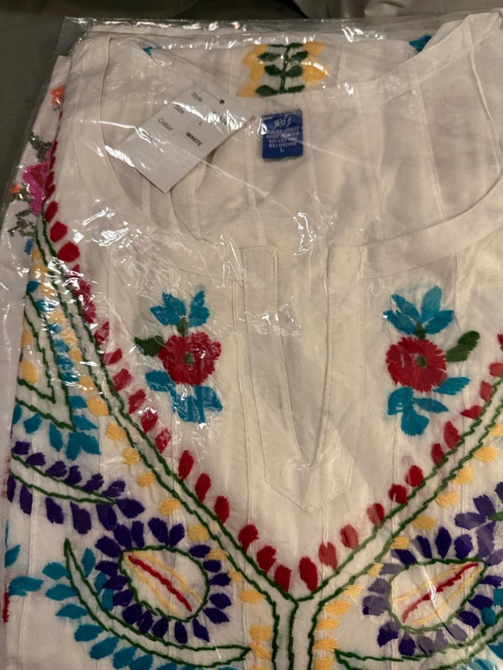 Raj White Cotton Blouse with Multicolor Floral Embroidery